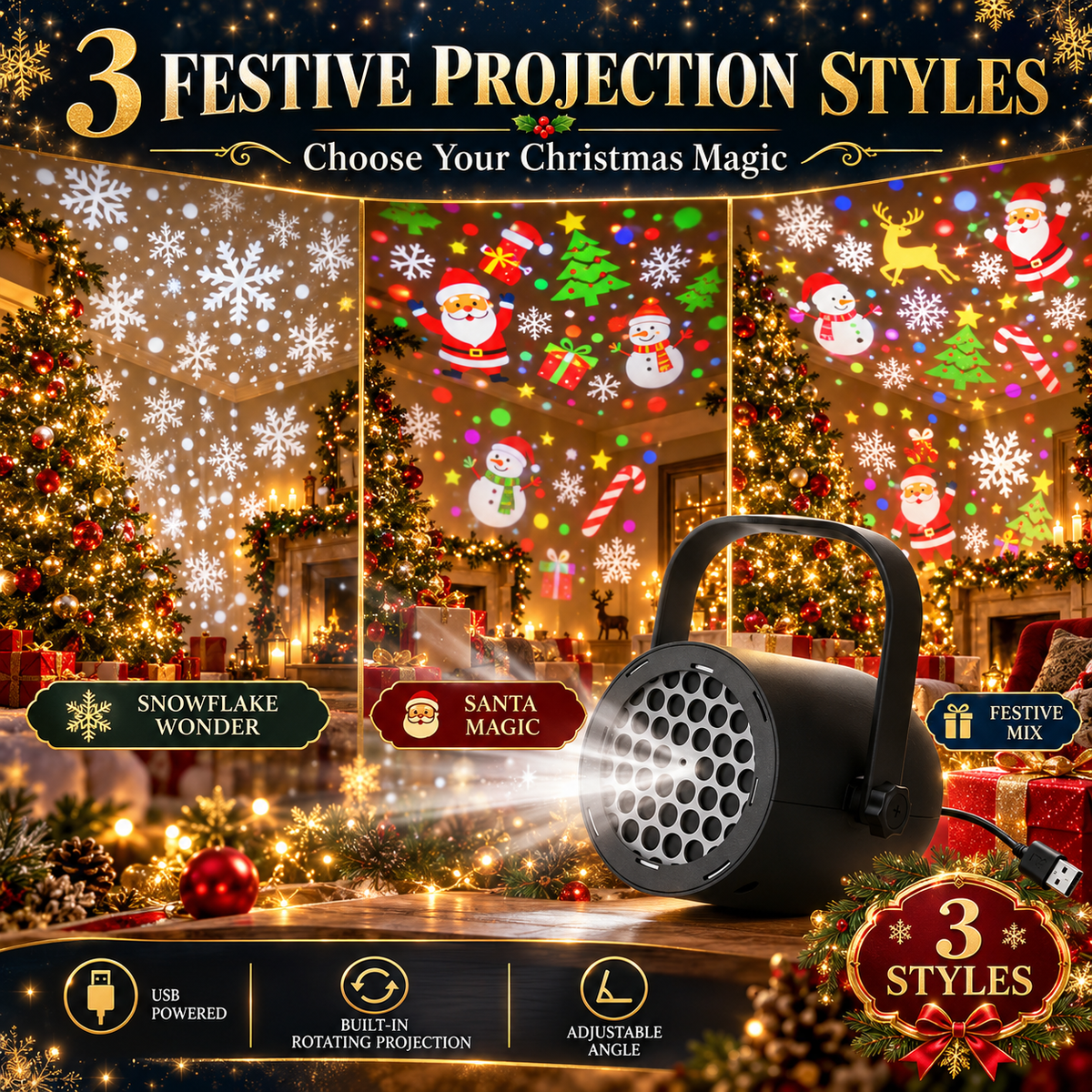 🎄 Christmas Pattern Projector Light – USB-Powered Rotating Holiday Projection Lamp