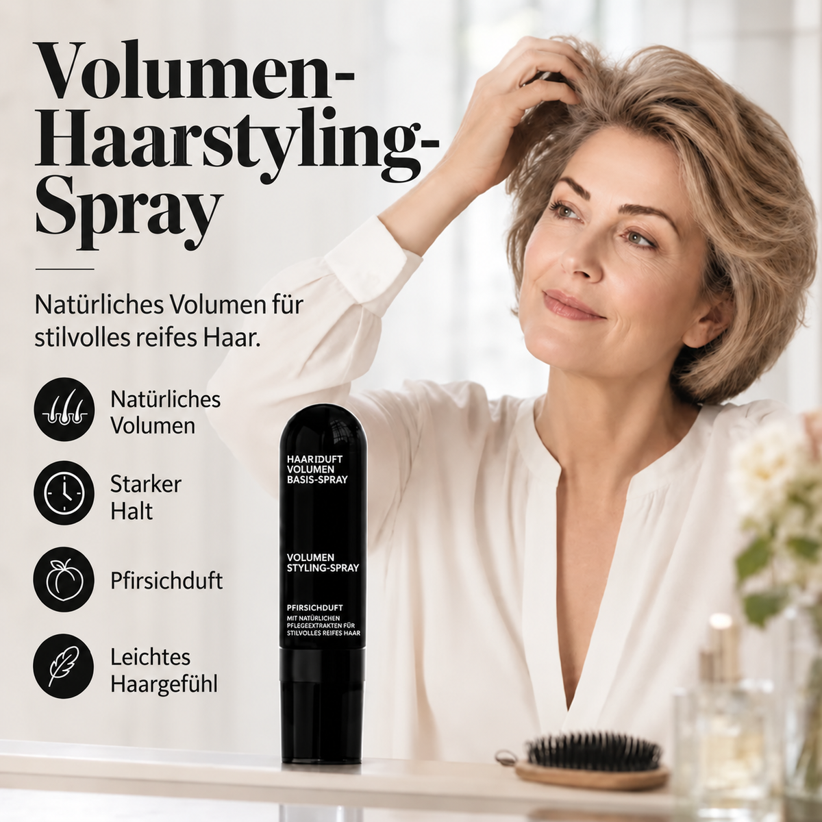 🍑✨ Peach-Scented Volumizing Spray – long-lasting hold and added fullness; a lightweight styling spray for smooth, flat hair.
