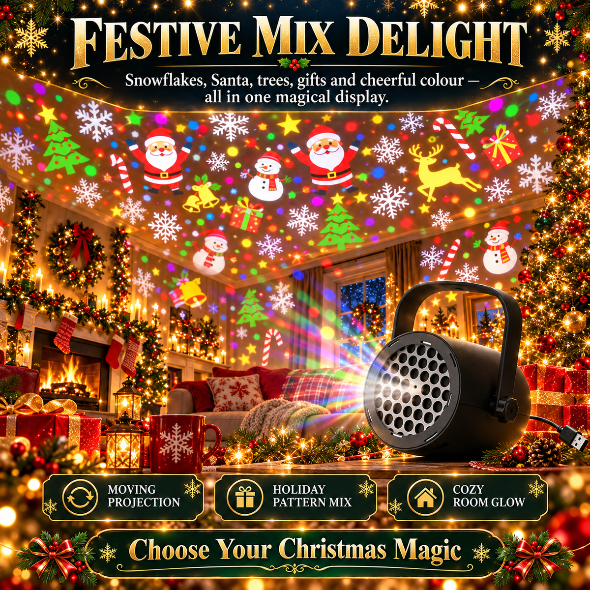 🎄 Christmas Pattern Projector Light – USB-Powered Rotating Holiday Projection Lamp