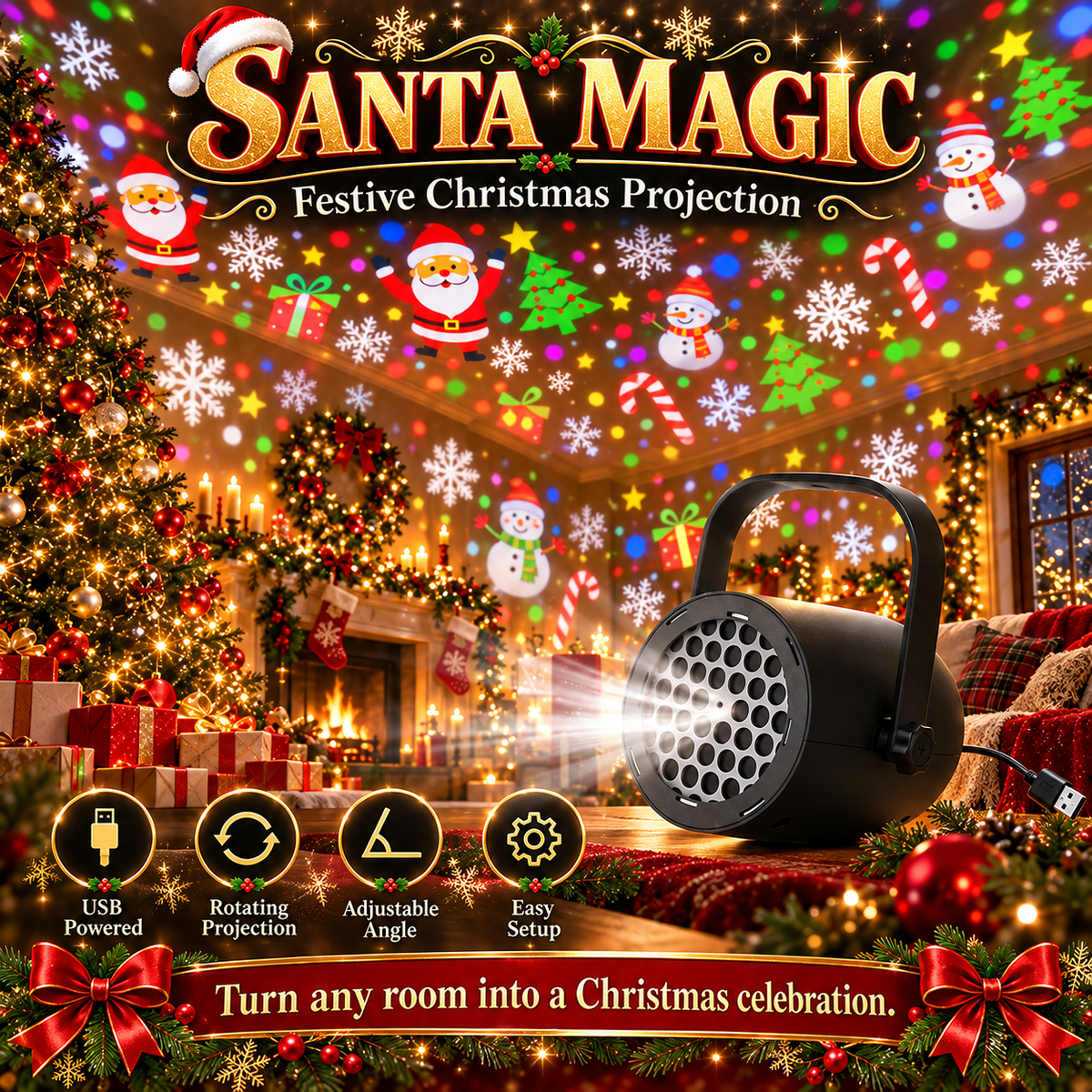 🎄 Christmas Pattern Projector Light – USB-Powered Rotating Holiday Projection Lamp