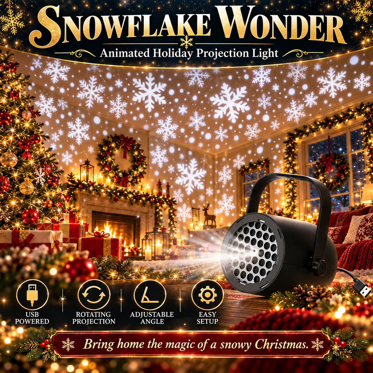 🎄 Christmas Pattern Projector Light – USB-Powered Rotating Holiday Projection Lamp