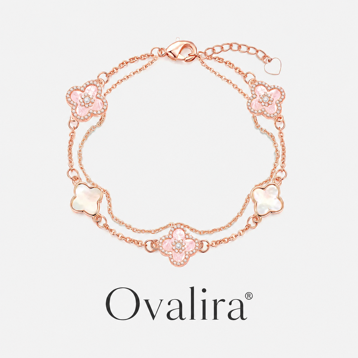 Ovalira® Four-Leaf Clover Pearl Crystal Bracelet – Elegant Rose Gold Jewelry Gift for Women
